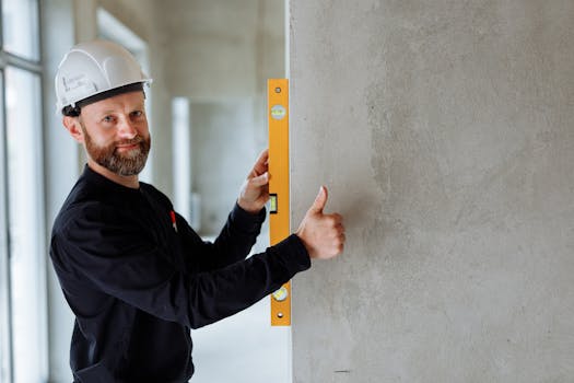 Confident male construction worker using a spirit level on a concrete wall for precise alignment indoors.